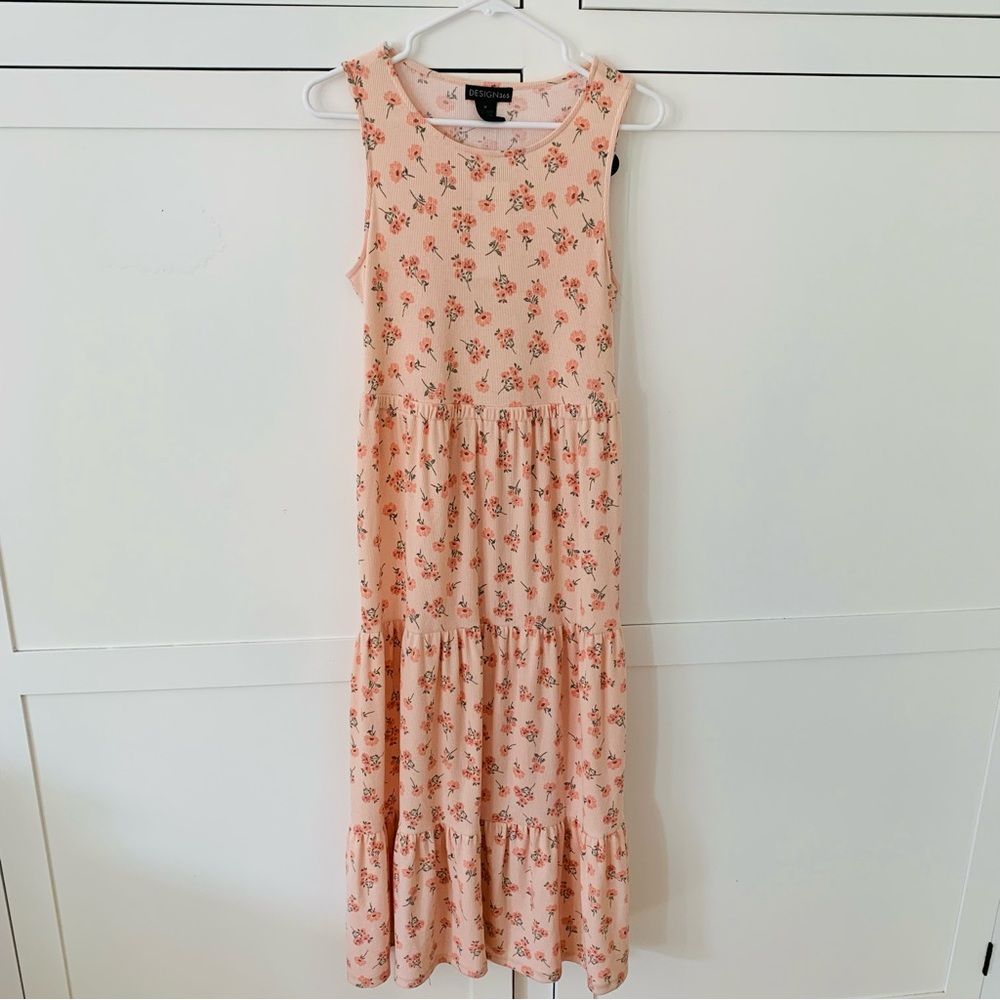 Design 365 Spring Petal Pink Floral Ribbed Sleeveless Tiered Cut Out MIDI Dress